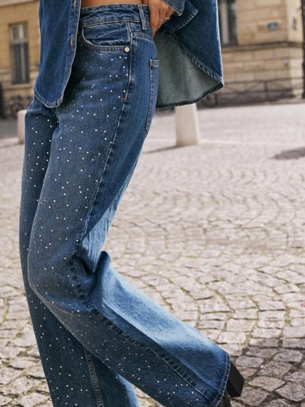 Zara Full Length Straight Cut Beaded Jeans with a High Waist